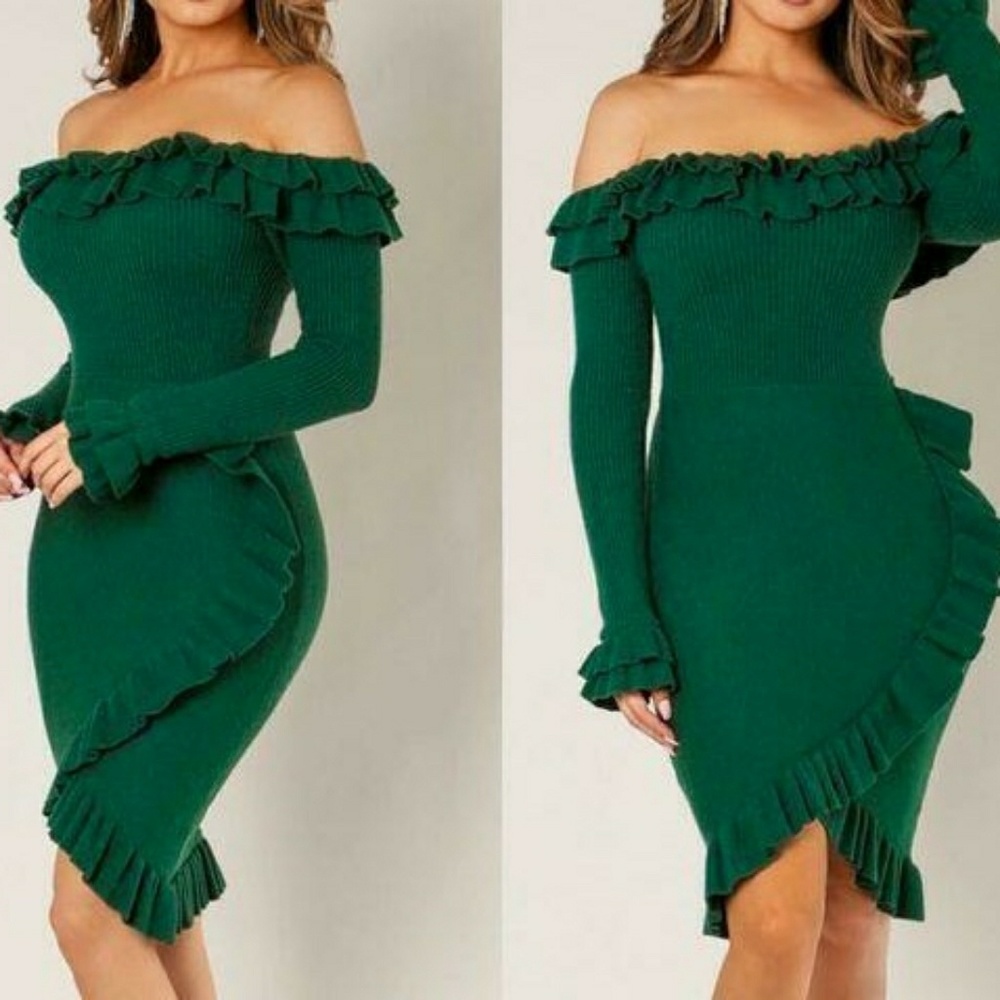 Off the Shoulder Ribbed Ruffles Bodycon Dress